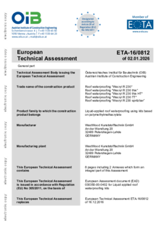Wecryl R 230: Europäisch Technische Bewertung ETA-16/0812 nach ETAG 005